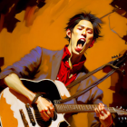 Vibrant paint splashes backdrop passionate guitarist pose