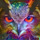 Colorful Owl Artwork with Orange Eyes and Geometric Patterns