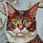 Vibrant cat with multicolored fur and kaleidoscopic eyes in whimsical setting