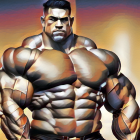 Muscular man illustration with serious expression and exaggerated musculature