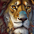 Detailed digital painting of a lion's face with intense amber eyes and luxuriant mane