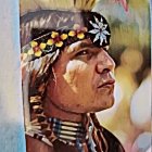 Native American in ceremonial attire with feathered headdress and face paint on abstract eagle backdrop.