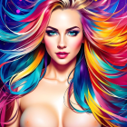 Colorful woman with rainbow hair and golden attire