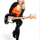 Stylish Woman Playing Electric Guitar in Black and Red Attire