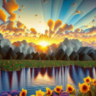 Colorful sunset with sunbeams, pine trees, mountains, lake, and sunflowers