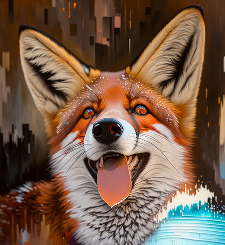 Smiling fox digital art with pixelated background