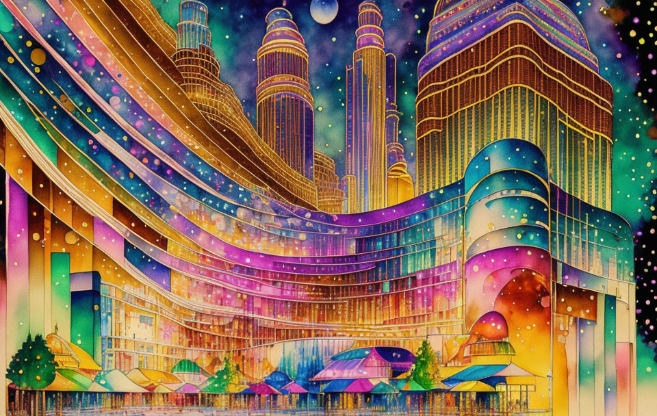 Futuristic cityscape with neon skyscrapers and illuminated roadways