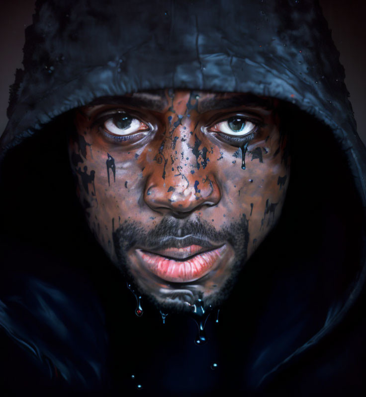 Intense-eyed figure in hood with black liquid dripping, evoking haunting emotion.