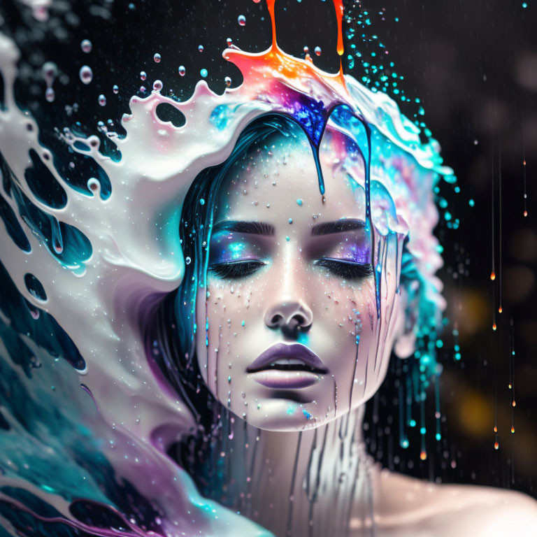 Colorful liquid flows over woman in digital artwork