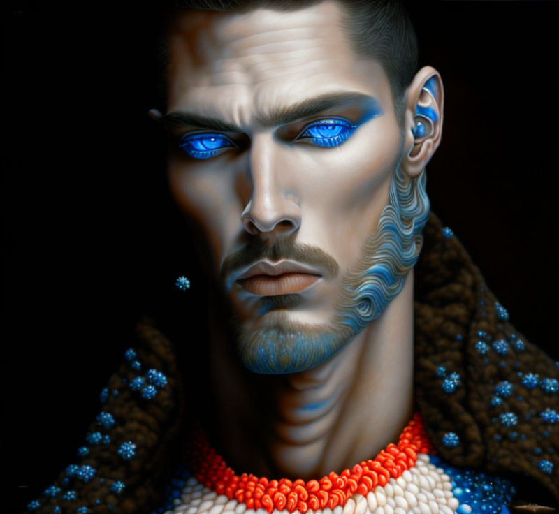 Digital artwork: Man with blue eyes, face paint, swirling beard, and beaded necklace