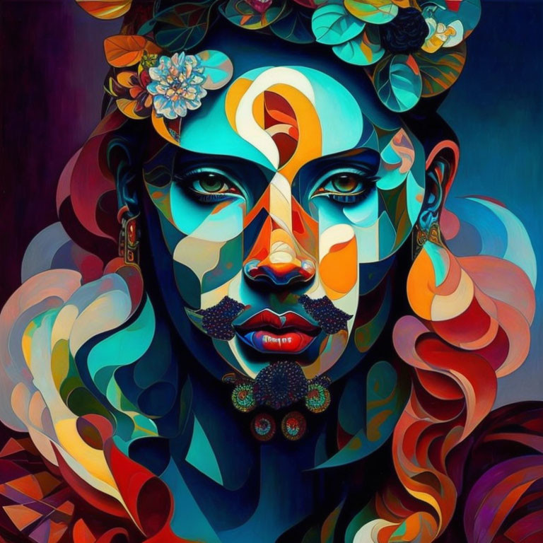 Colorful Abstract Portrait of Woman with Floral and Swirling Patterns