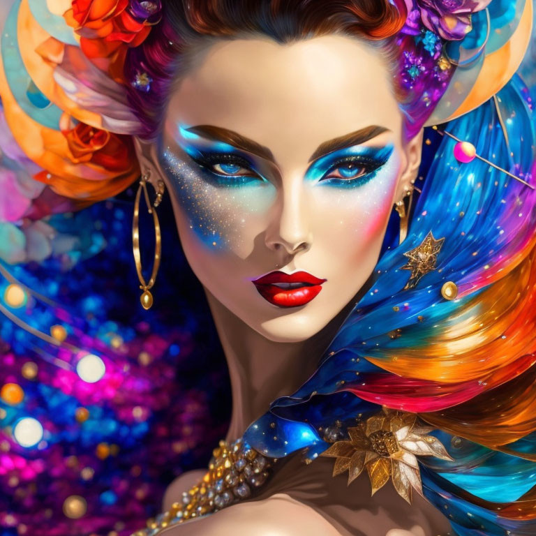 Colorful cosmic makeup and multicolored hair on a woman in digital portrait