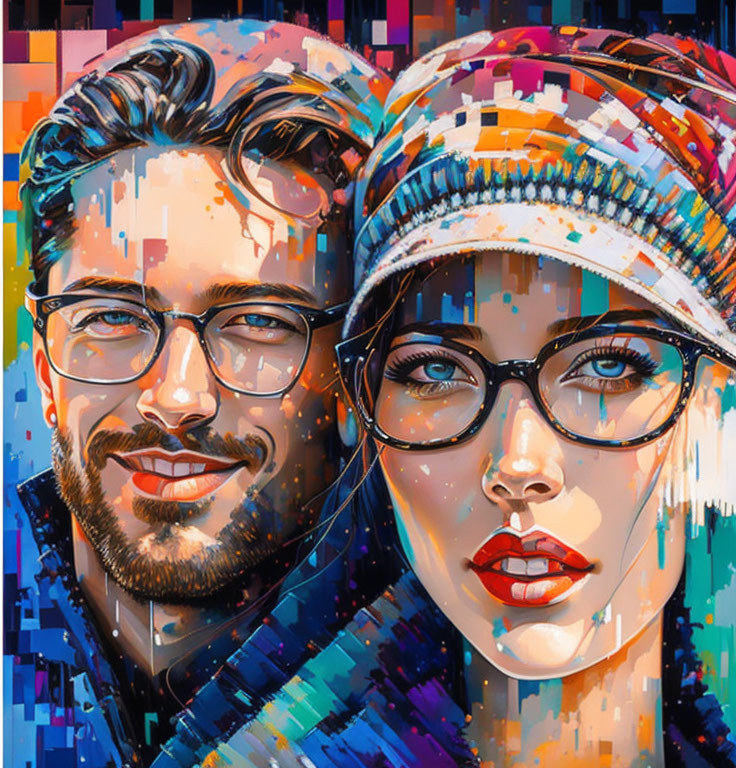 Vibrant portrait of a man and woman with glasses in colorful mosaic pattern