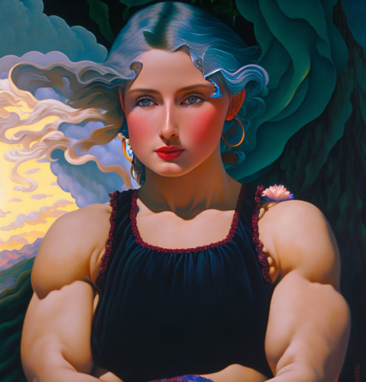 Surreal portrait: Woman with flowing hair, stylized clouds, sunset background