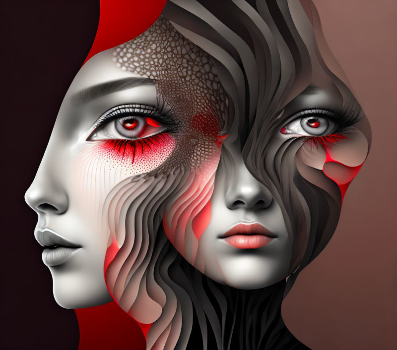 Stylized dual female faces in profile with red eyes and abstract patterns