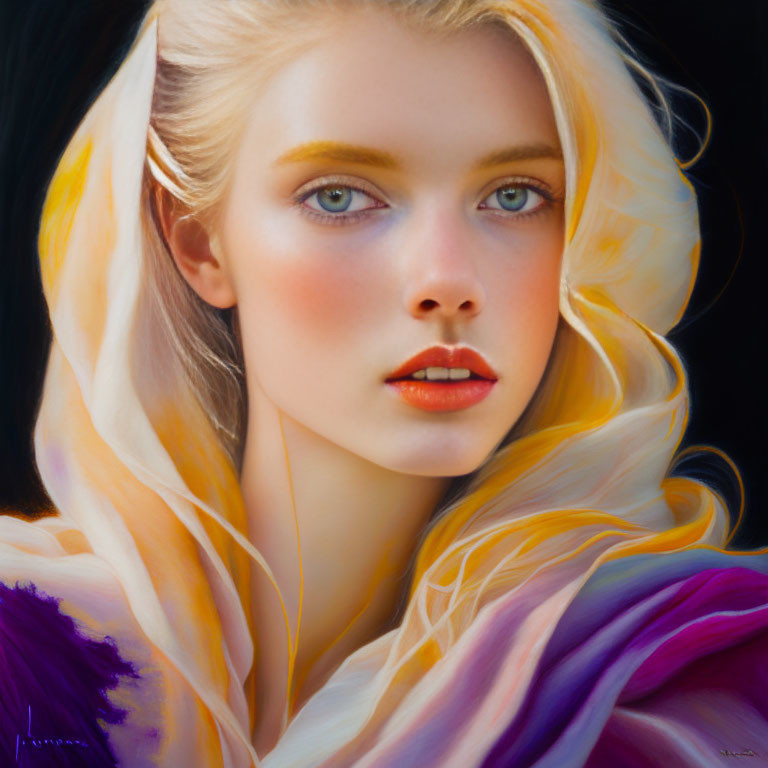 Portrait of a woman with blue eyes, blonde hair, and colorful shawl