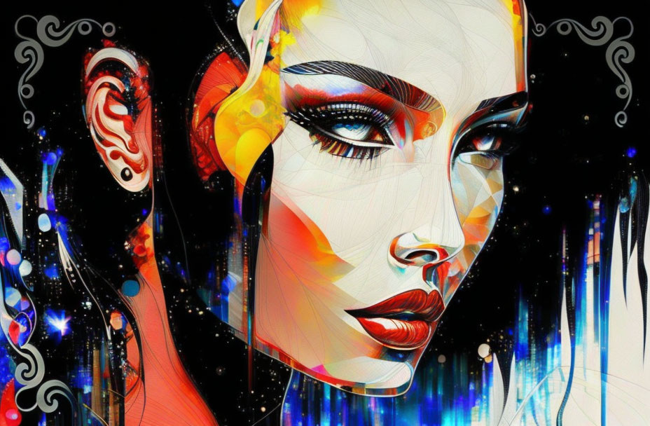 Vibrant digital artwork of stylized woman's face with vivid makeup