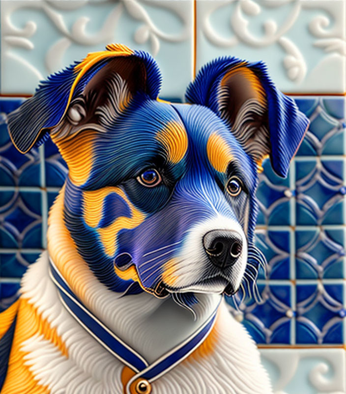 Colorful digital artwork of a dog with patterned coat on embossed tile background