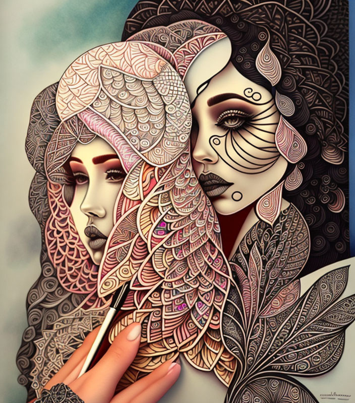 Illustration of two women with intricate face patterns and feather motifs