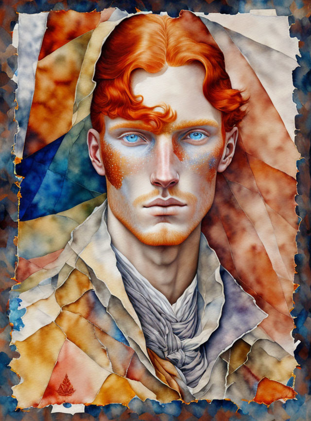 Portrait of a person with red curly hair and blue eyes on colorful background