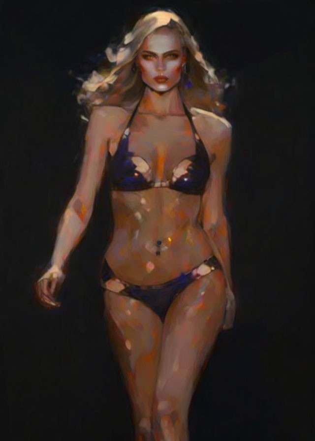 Woman in Dark Bikini with Flowing Hair on Black Background: Painterly, Impressionistic Style