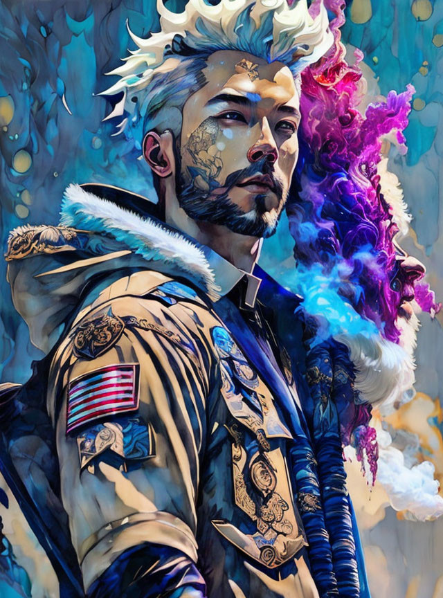 Colorful portrait of a man in adorned jacket with purple smoke and artistic background