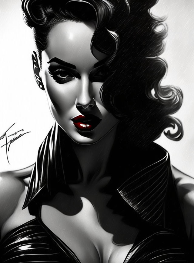 Stylized woman with curly hair and red lips in monochrome digital portrait