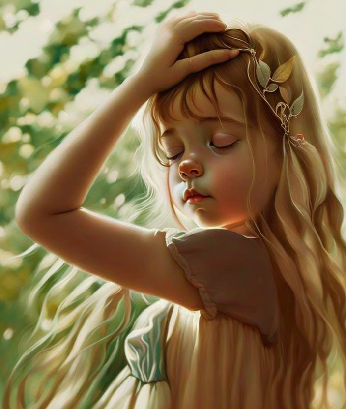 Blonde girl with leaf hairpiece in serene nature setting