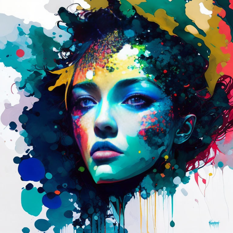 Vibrant digital portrait of a woman with colorful paint splashes