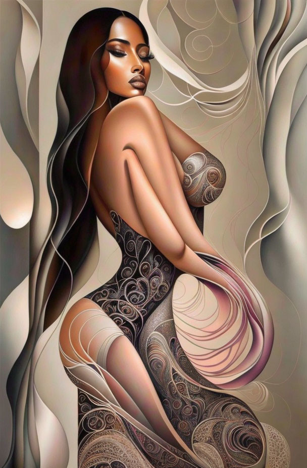 Woman with long hair and body art in stylized pose with earth tones swirls