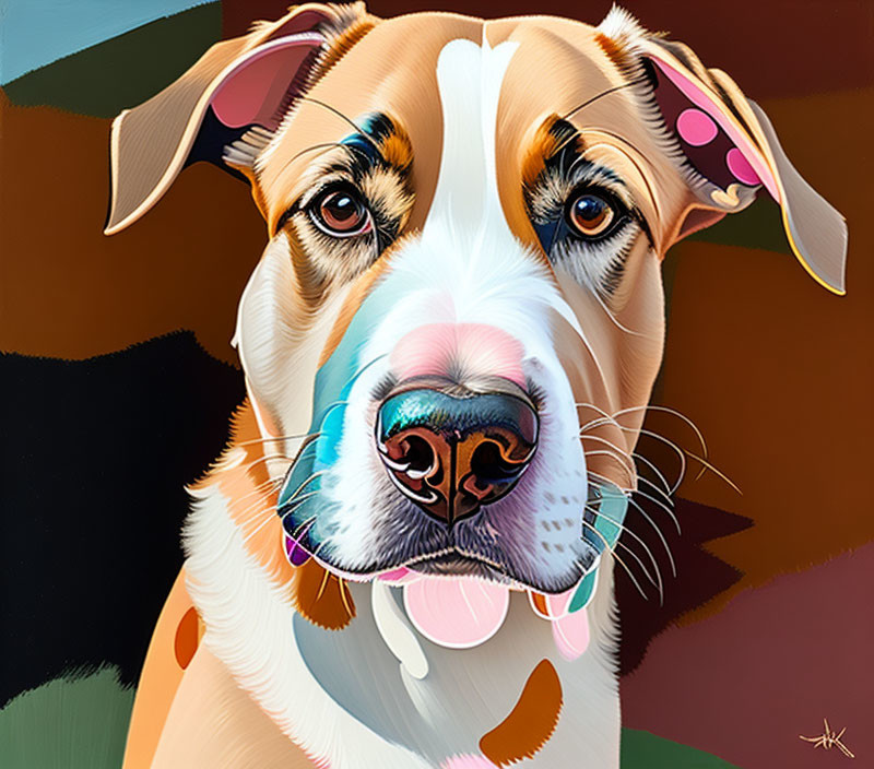 Vibrant dog portrait with wide eyes and polka-dot ears