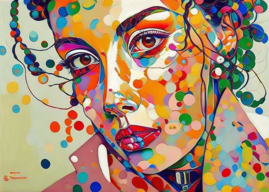 Abstract portrait of woman with vibrant dots and shapes on face