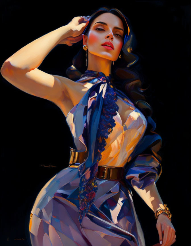 Stylized portrait of woman with wavy hair in translucent dress