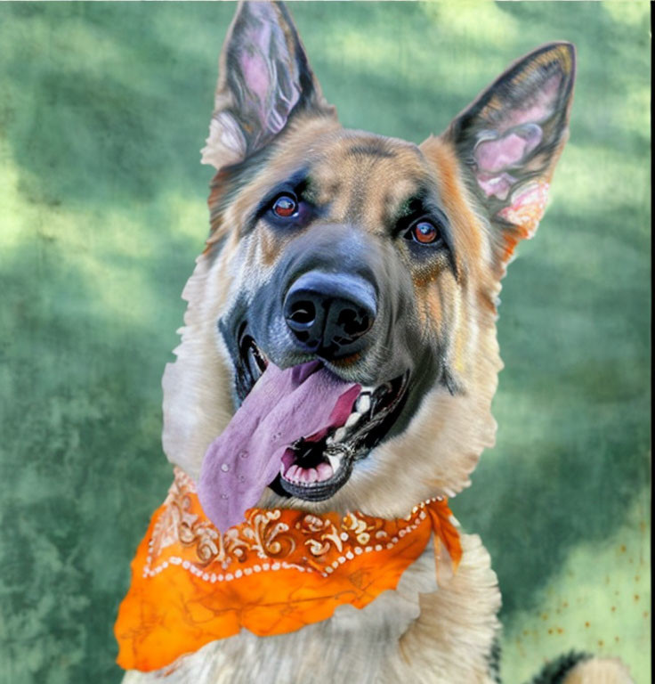 Perked ears German Shepherd dog with orange bandana on green backdrop