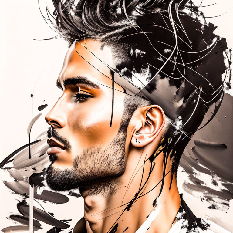 Abstract man illustration with stylized beard and hair in brown and black brush strokes