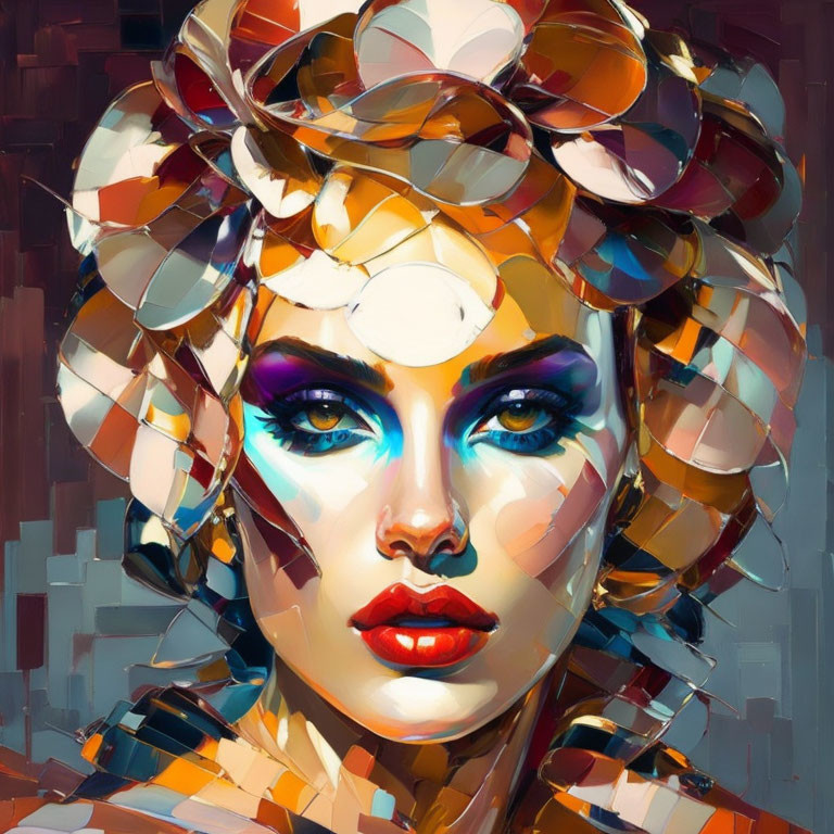 Colorful Digital Portrait of Woman with Blue Eyes and Intricate Headdress