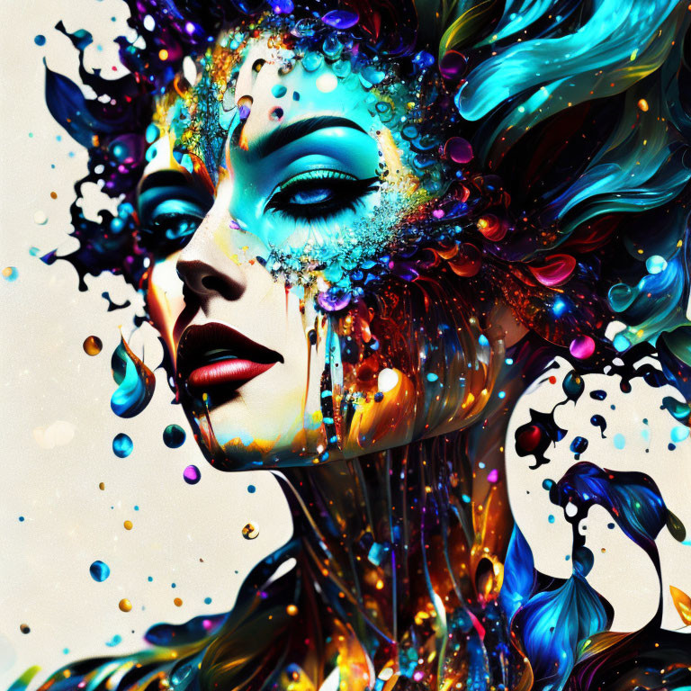 Colorful digital artwork: Woman with flowing hair, makeup, paint, and glitter