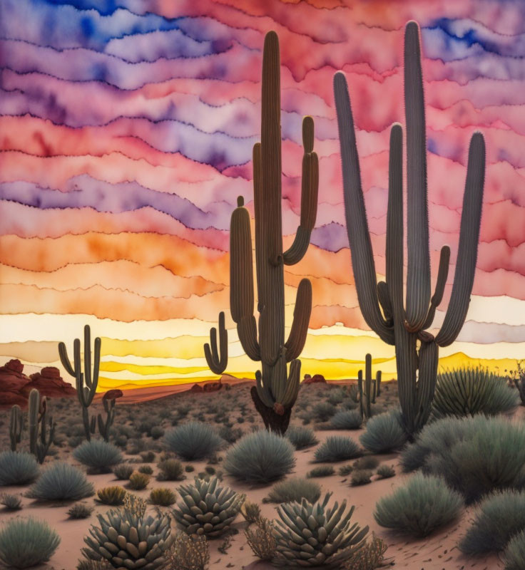 Sunset desert landscape with saguaro cacti, colorful sky, and sandy ground