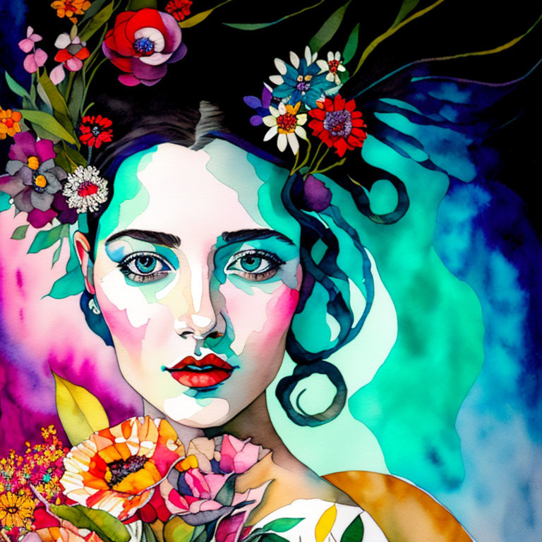 Vibrant watercolor illustration of a woman with floral hair on abstract backdrop