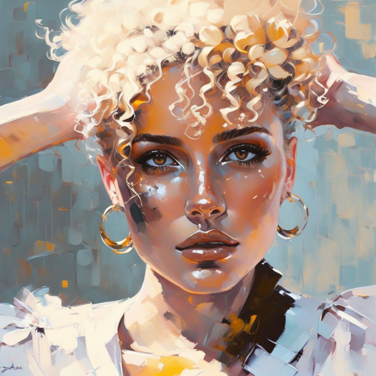 Stylized portrait of woman with curly blonde hair and hoop earrings