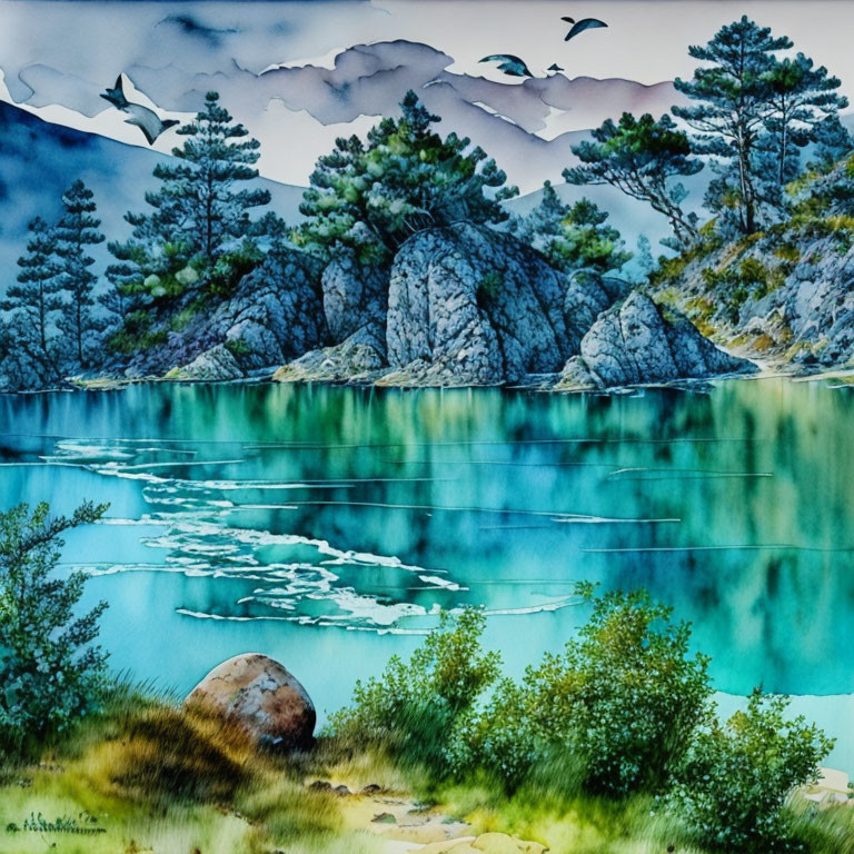 Tranquil watercolor painting of serene lake with rocky outcrops, pine trees, and flying