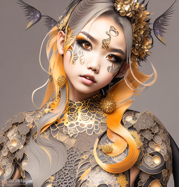 Fantasy-themed digital artwork of a woman in ornate gold and black armor with intricate patterns, fantasy