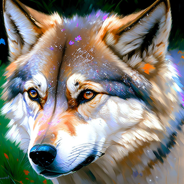 Colorful Wolf Face Digital Painting Among Foliage and Flowers