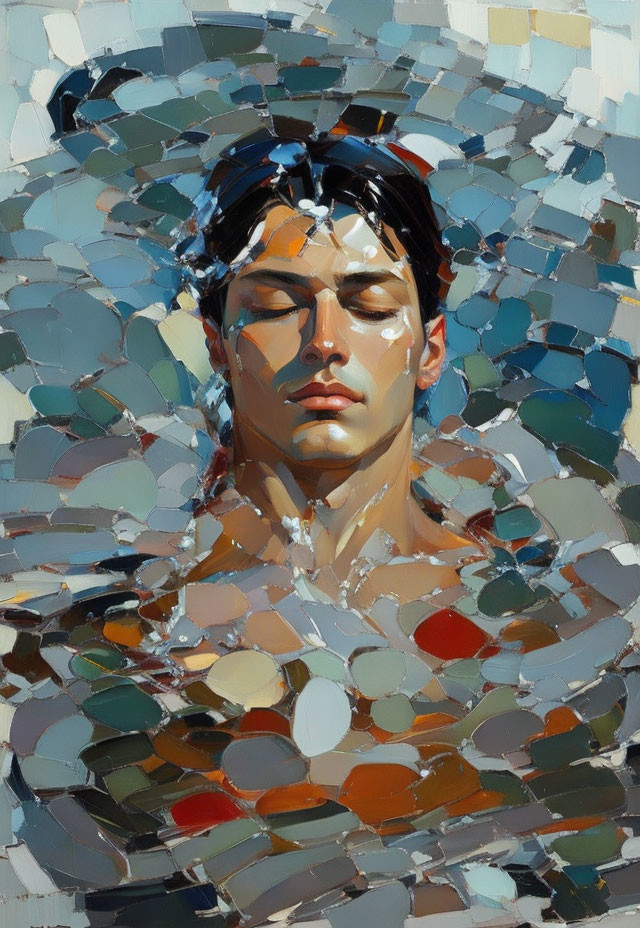 Person with Closed Eyes in Mosaic-Like Painting with Earthy & Cool Tones