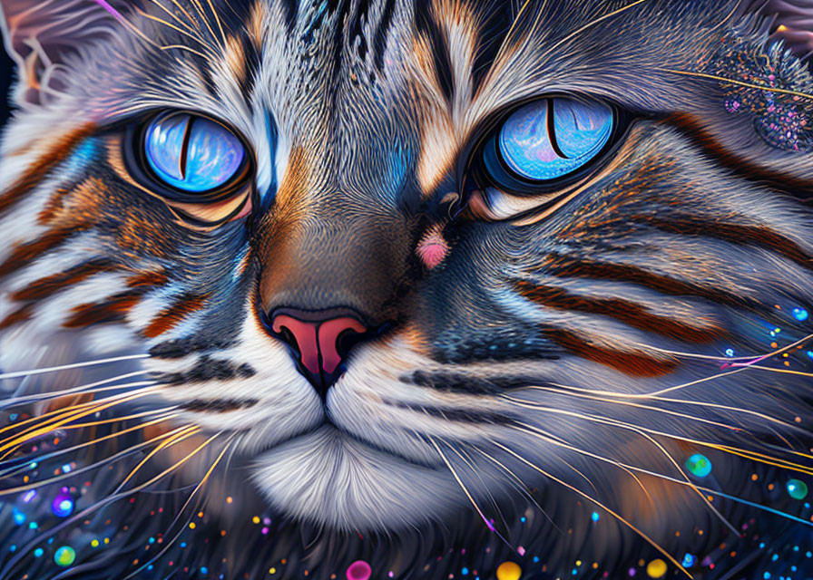 Detailed Digital Artwork: Colorful Cat with Blue Eyes & Sparkling Fur