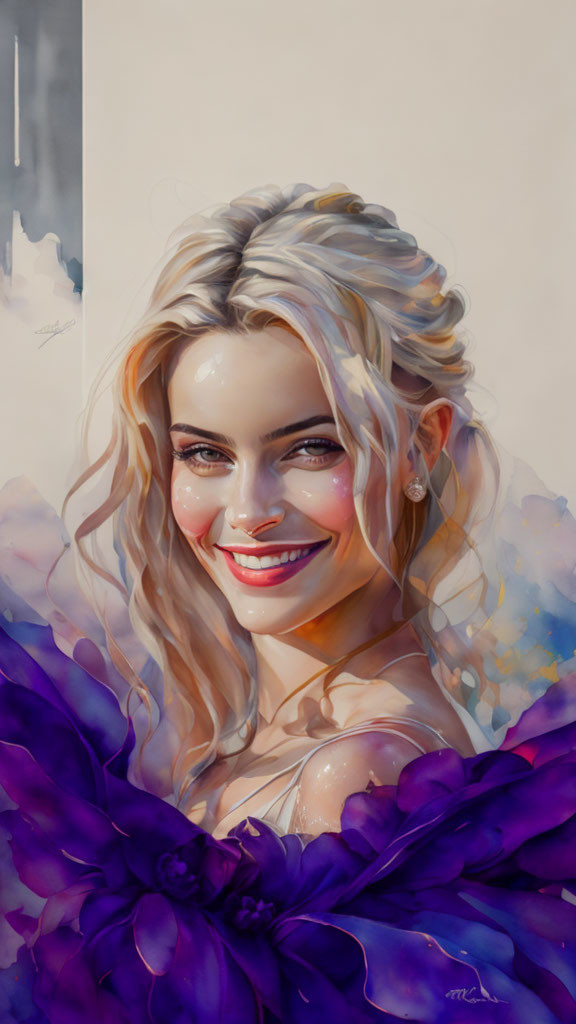 Smiling woman portrait with blonde hair and floral watercolor style