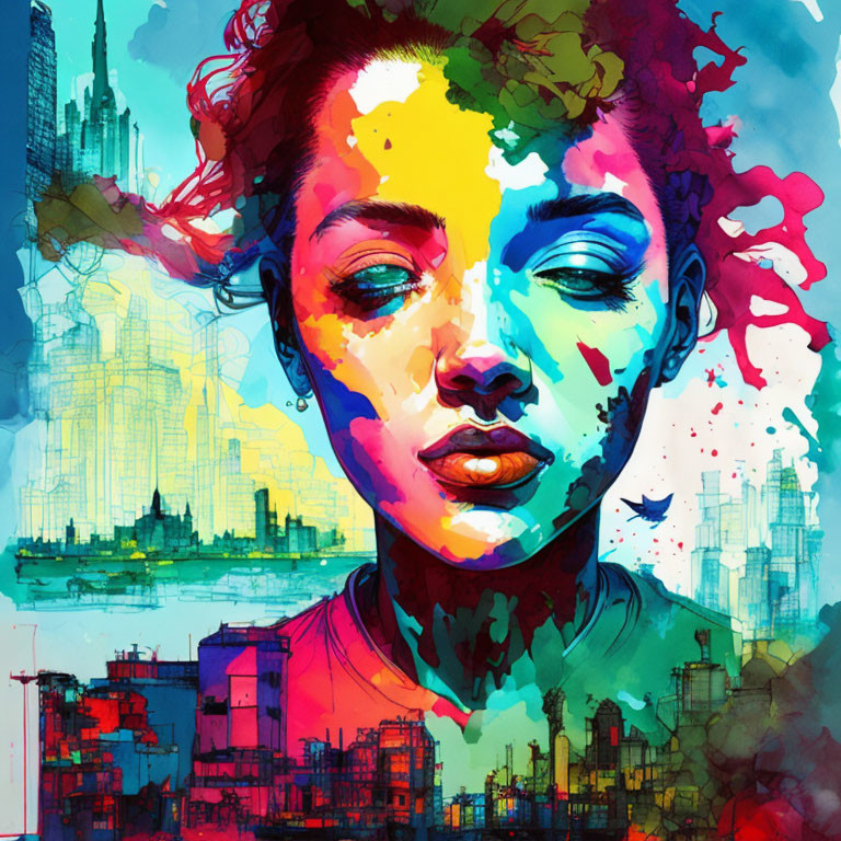 Colorful woman with paint splashes in cityscape setting