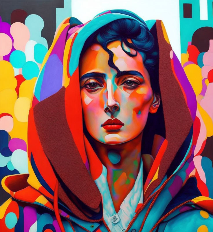 Colorful portrait of a woman in a vibrant hood against abstract backdrop