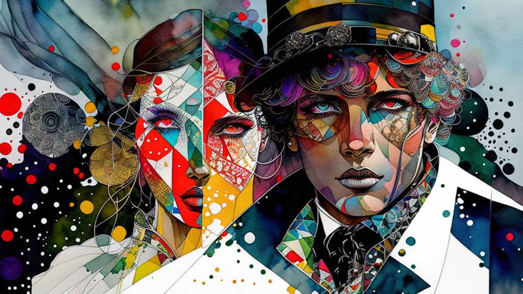 Colorful Abstract Portrait with Geometric and Splattered Paint Aesthetics