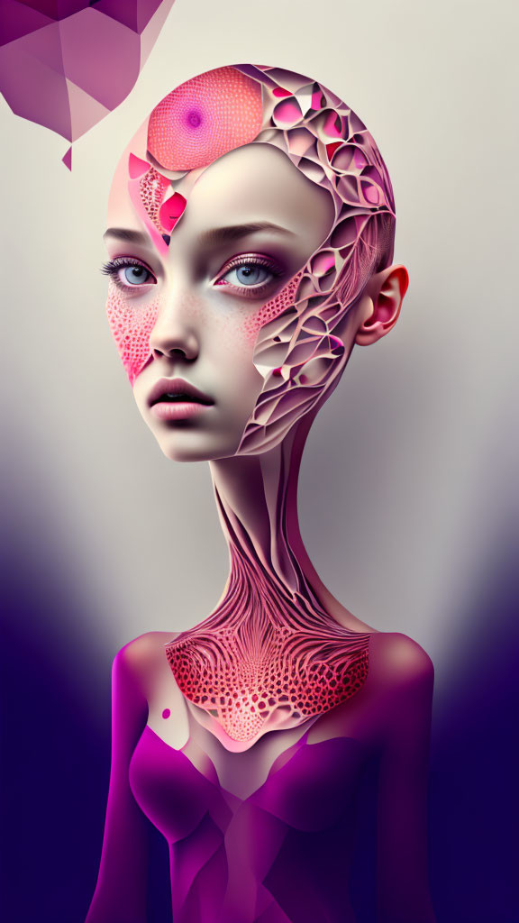 Surreal portrait of female figure with pink cellular patterns on purple background